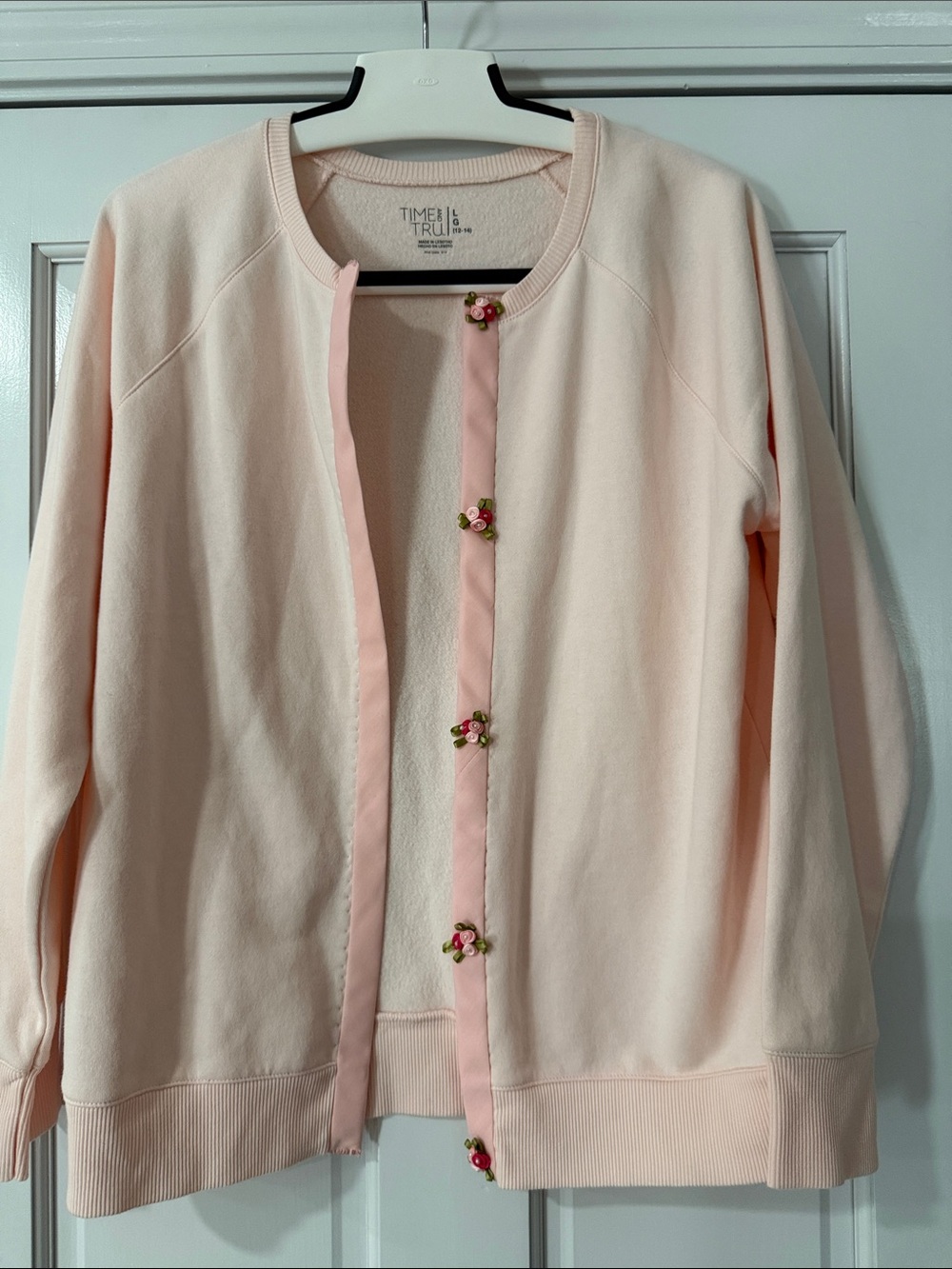 Time and Tru Pink Cardigan Pink Ribbon and Rose Button Embellishments Size L